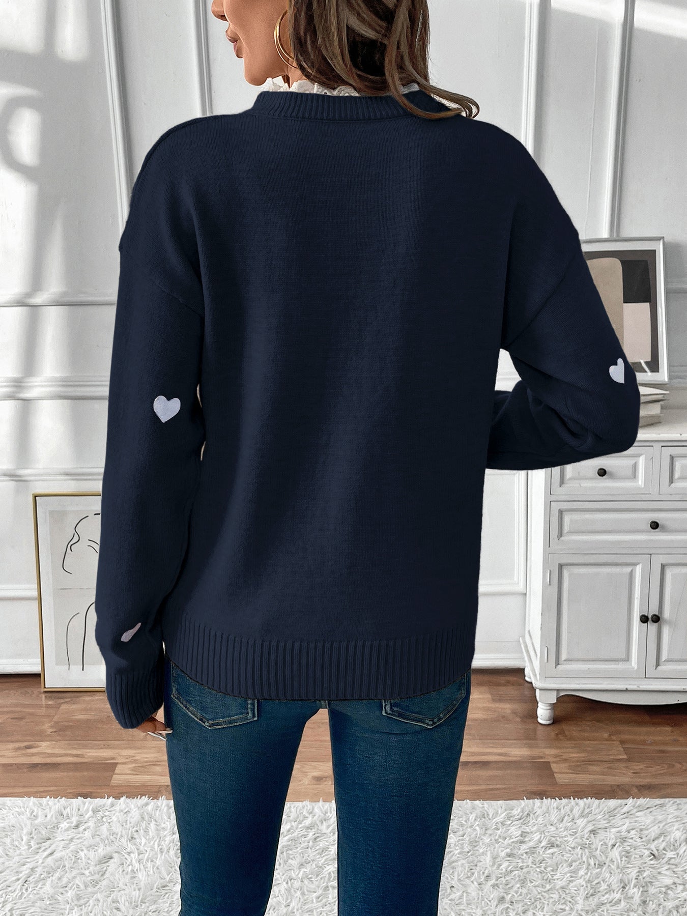 Heart Print V Neck Knit Sweater Casual Valentine Pullover
