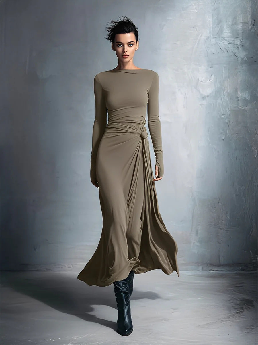Women's Long Sleeve Knit Twist Front Wrap Maxi Dress