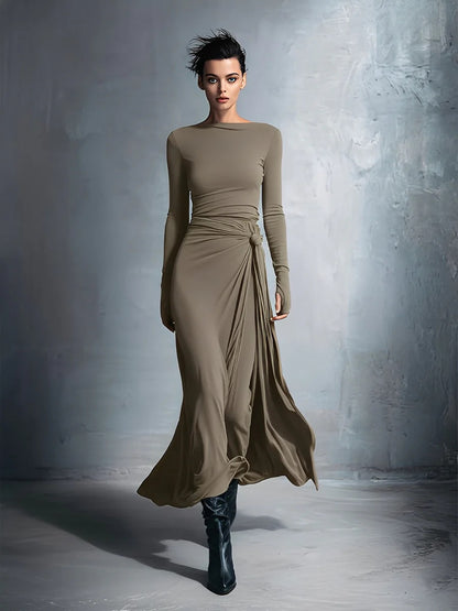 Women's Long Sleeve Knit Twist Front Wrap Maxi Dress