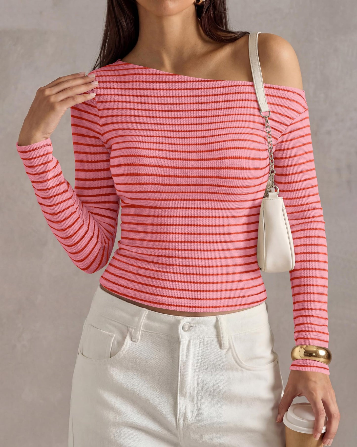 Off Shoulder Striped Long Sleeve Ribbed Knit Top Women