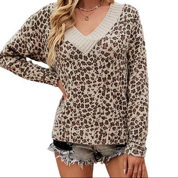 Women's Leopard Print V-Neck Long Sleeve Sweater