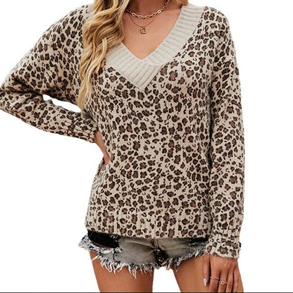 Women's Leopard Print V-Neck Long Sleeve Sweater