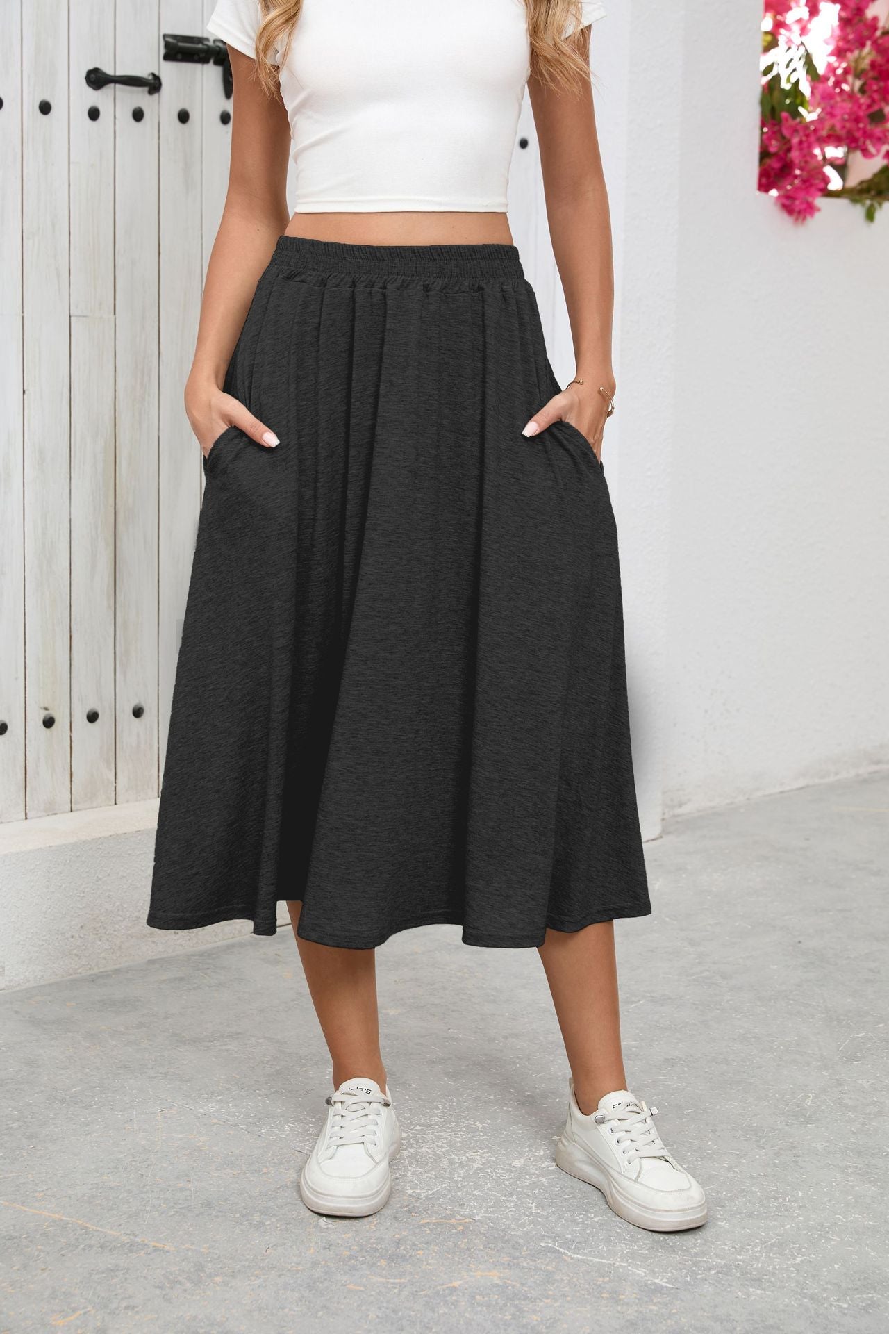 Solid Knit Midi Skirt High Waist A Line Elastic Work