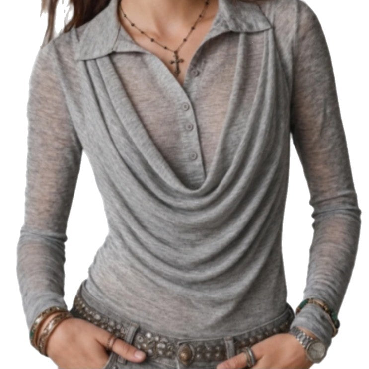 Women's Sheer Draped Button Front Long Sleeve Top