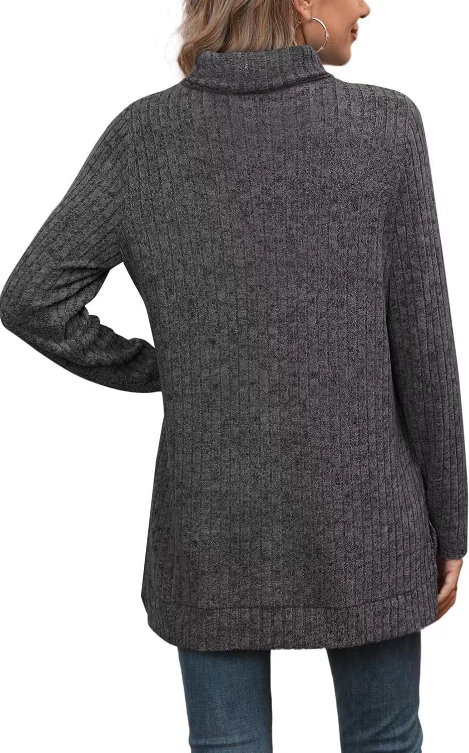 Oversized Ribbed Turtleneck Tunic Top Side Split