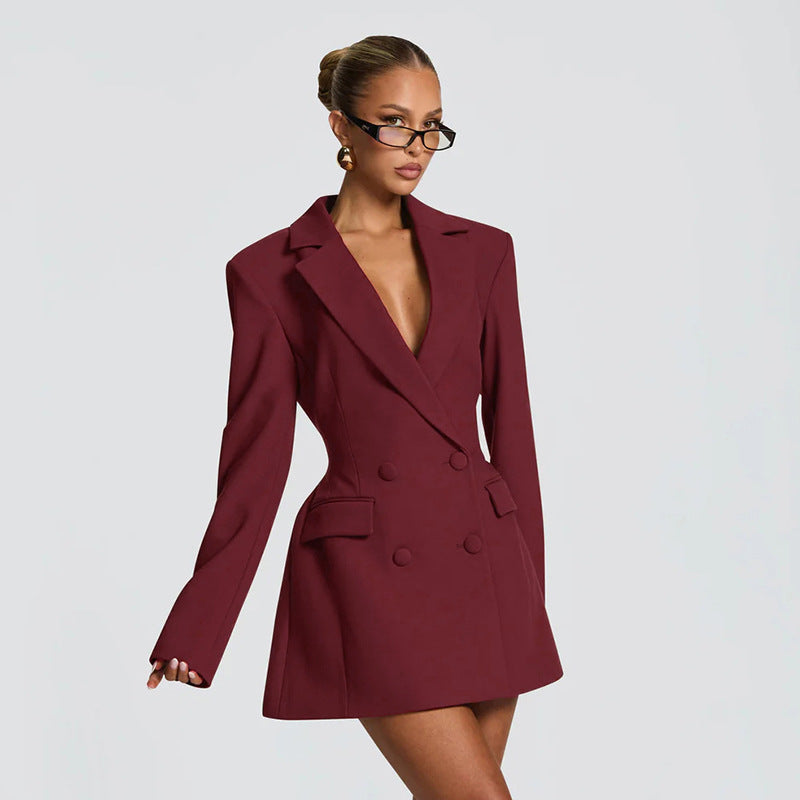 Blazer Dress Deep V Neck Long Sleeve Cinched Waist Mini