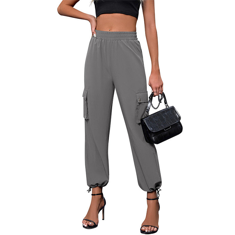 Women's High-Waisted Drawstring Cargo Pants, Baggy Parachute Utility Trousers