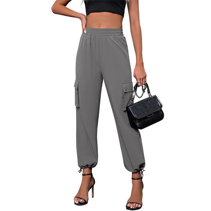 Women's High-Waisted Drawstring Cargo Pants, Baggy Parachute Utility Trousers