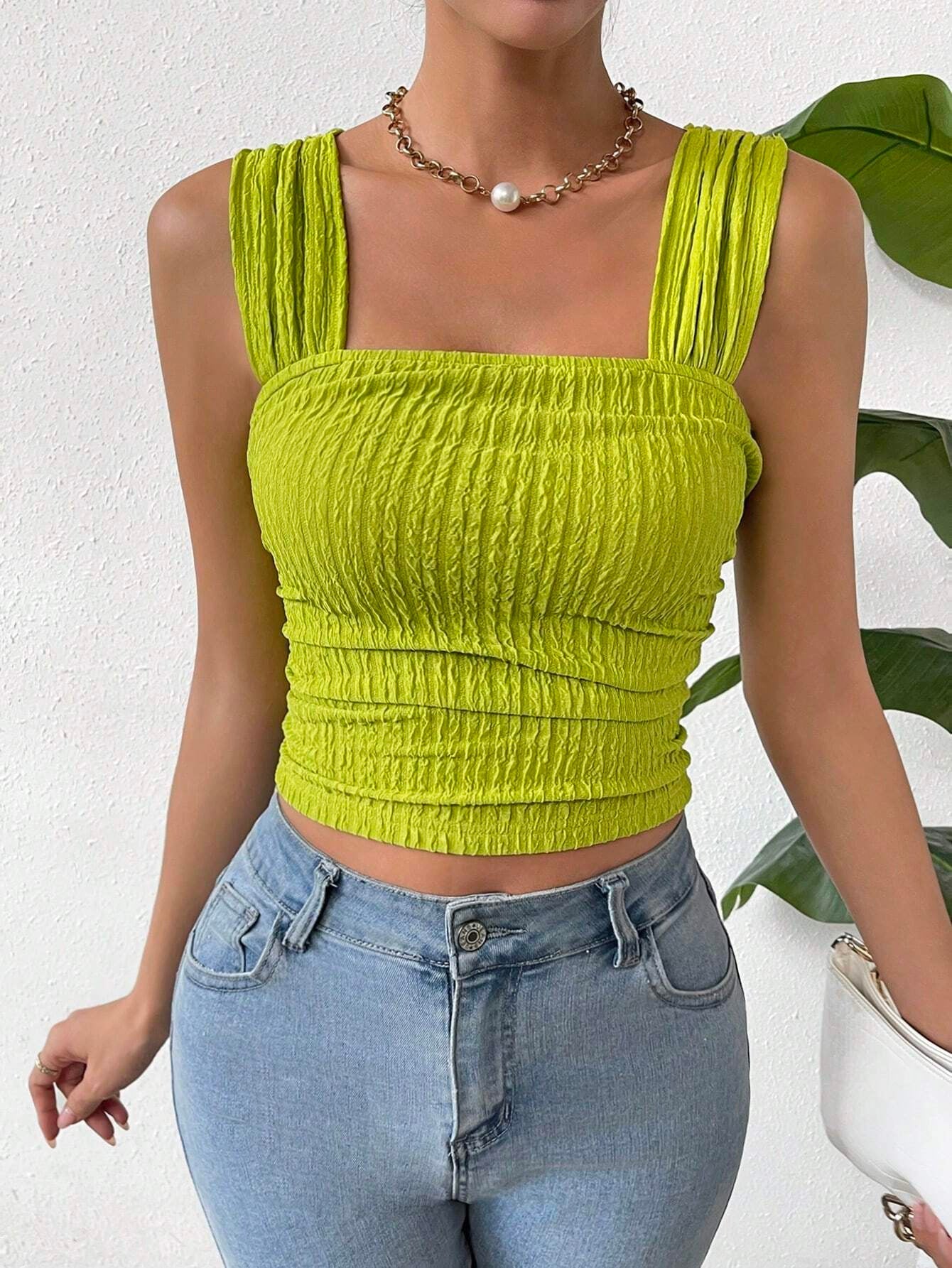 Square Neck Sleeveless Smocked Crop Tank Top