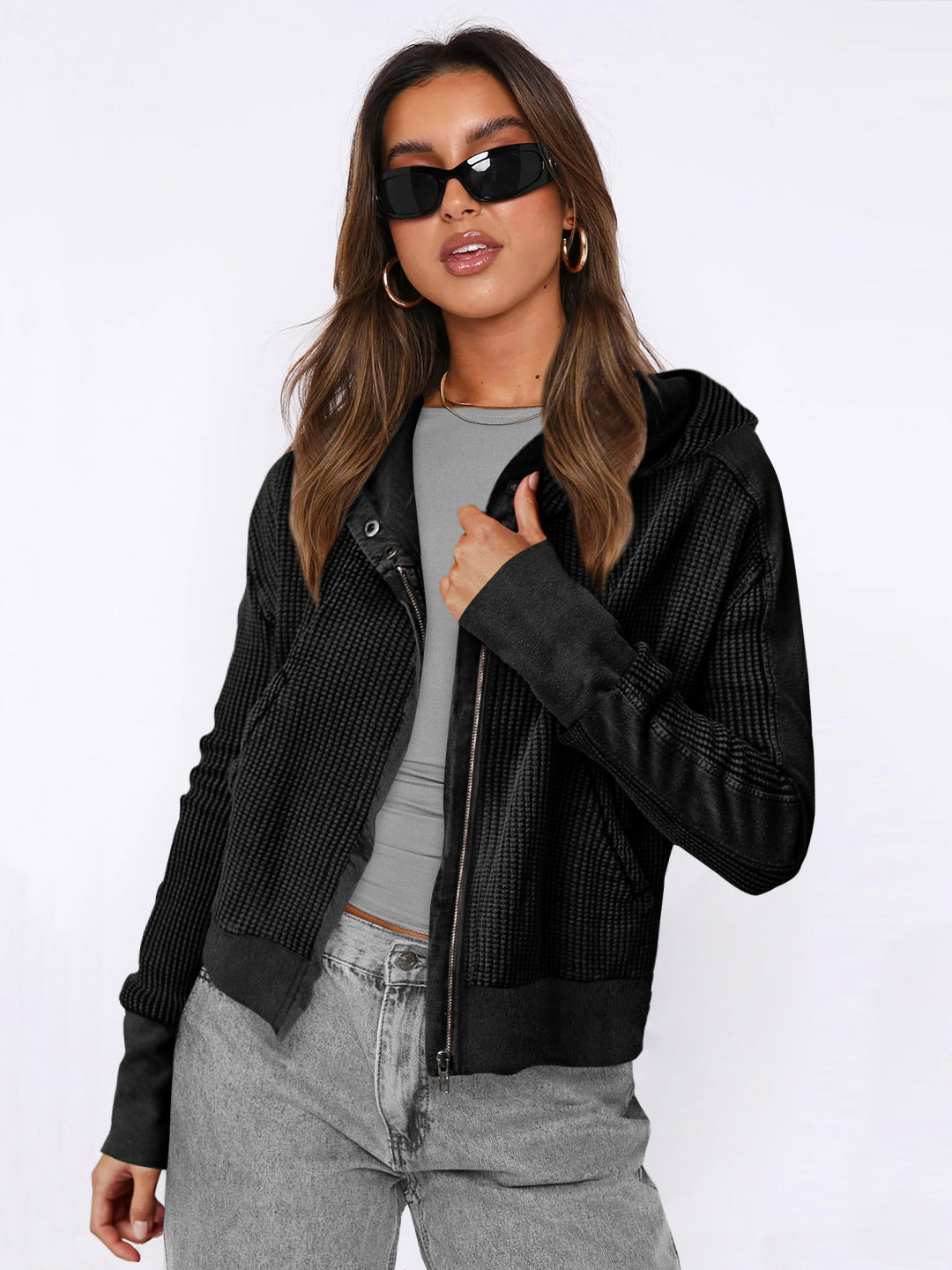 Hooded Zipper Sweater, Spliced Lazy Style Knitted Jacket
