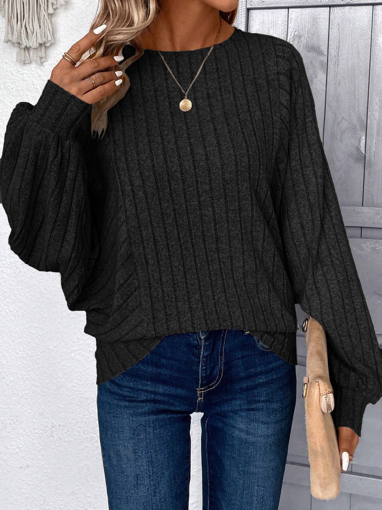 Plus Size Balloon Sleeve Ribbed Casual Fall Top