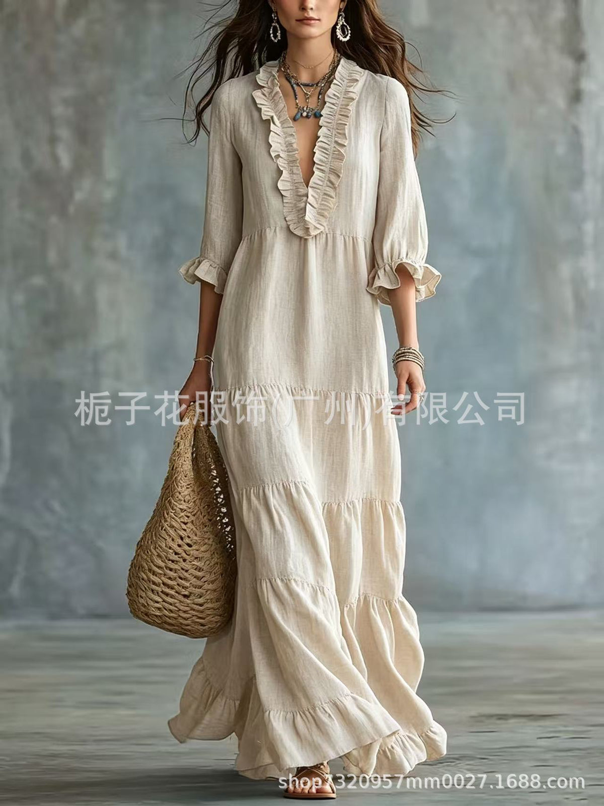 Women's Boho V-Neck Ruffle Tiered Maxi Dress Casual Summer