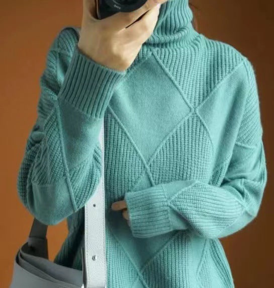 Chunky Turtleneck Sweater Diamond Pattern Pullover