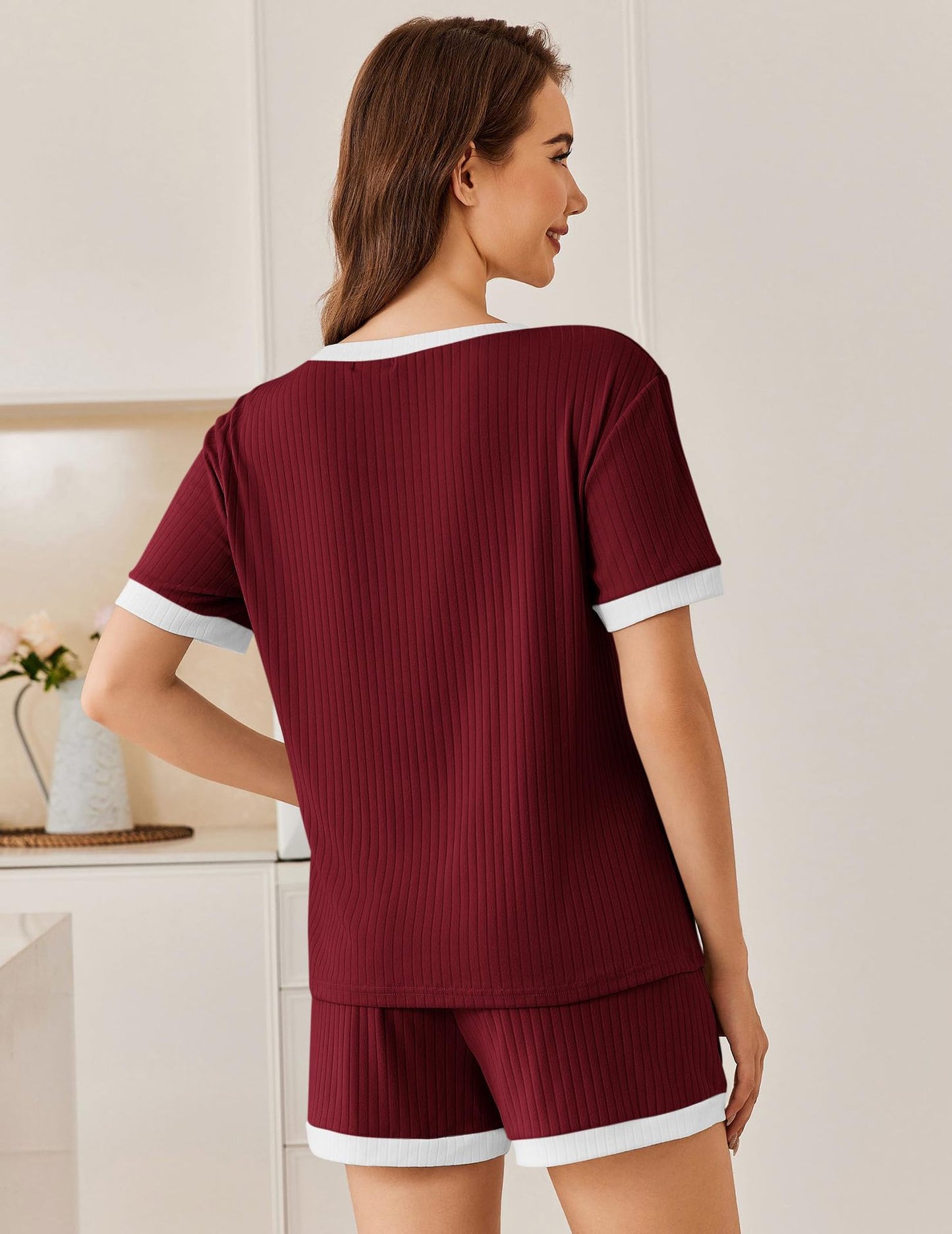 Ribbed Colorblock Lounge Shorts Set Summer Pajama