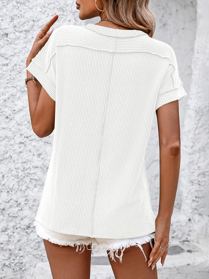 Women’s White Textured Ribbed Crew Neck Loose Tee