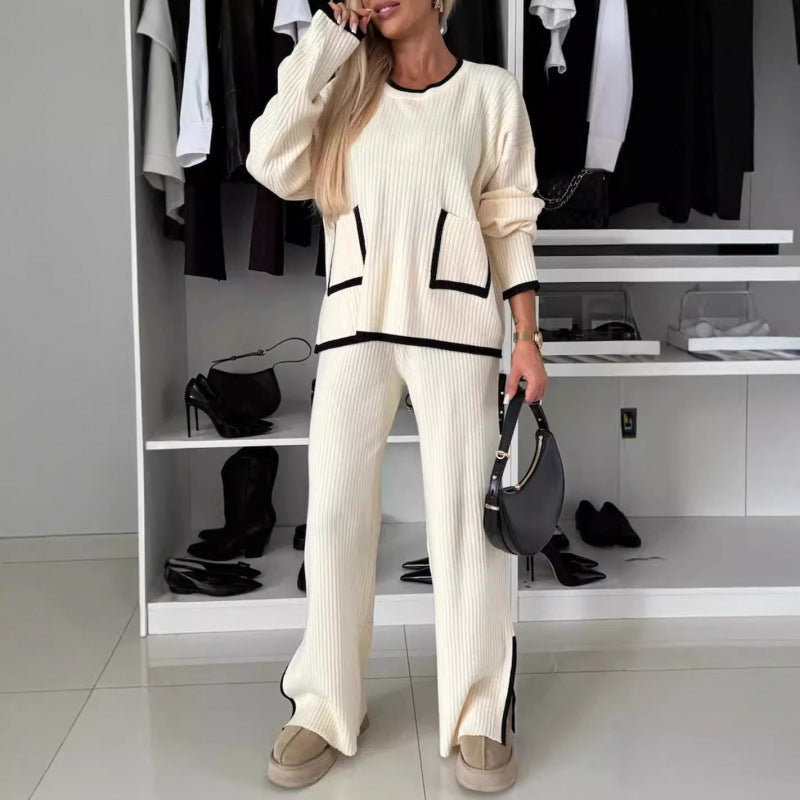 Women's Color Block Knit Sweater Wide Leg Pants Set