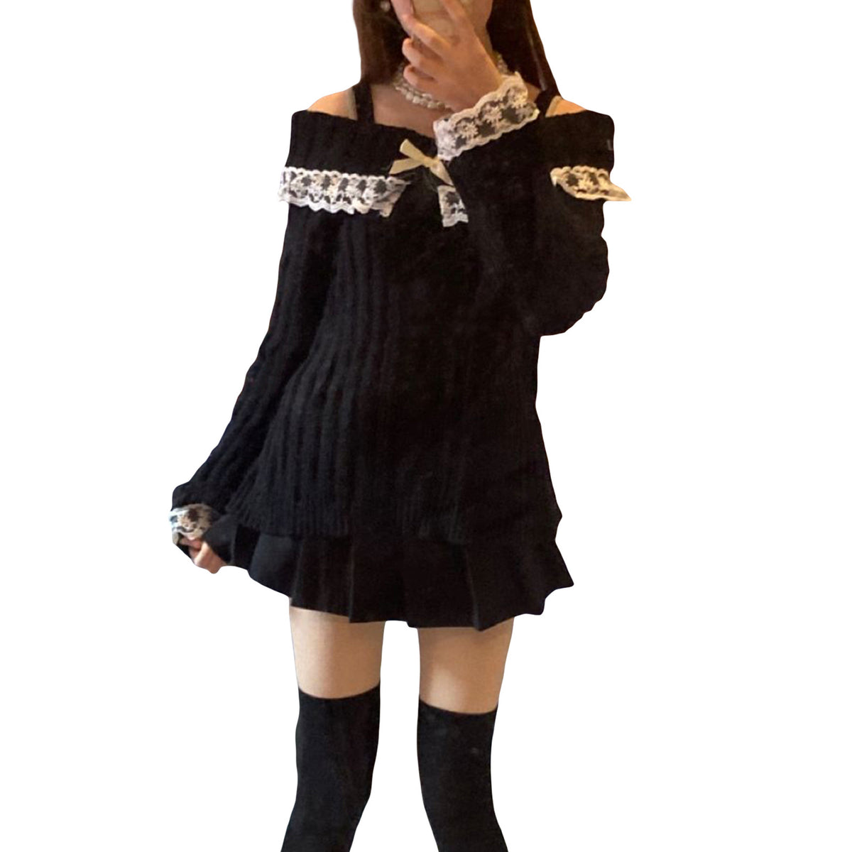 Women's Off Shoulder Lace Trim Knit Sweater Long Sleeve