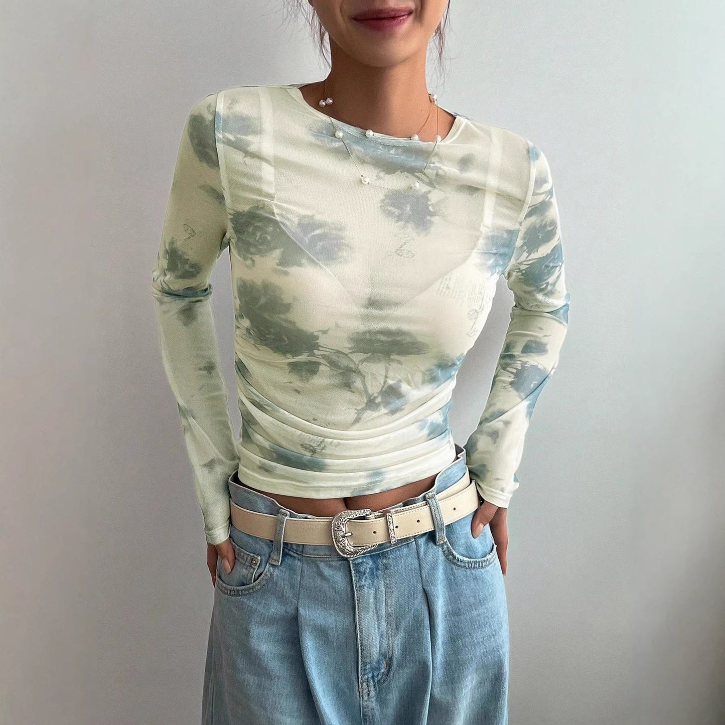 Floral Mesh Ruched Long Sleeve Crop Top