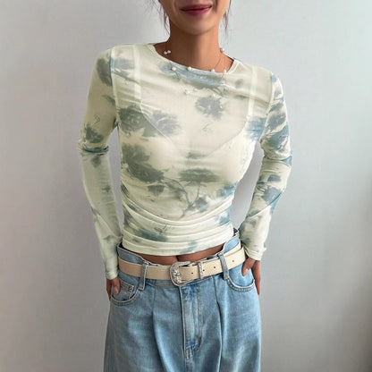 Floral Mesh Ruched Long Sleeve Crop Top