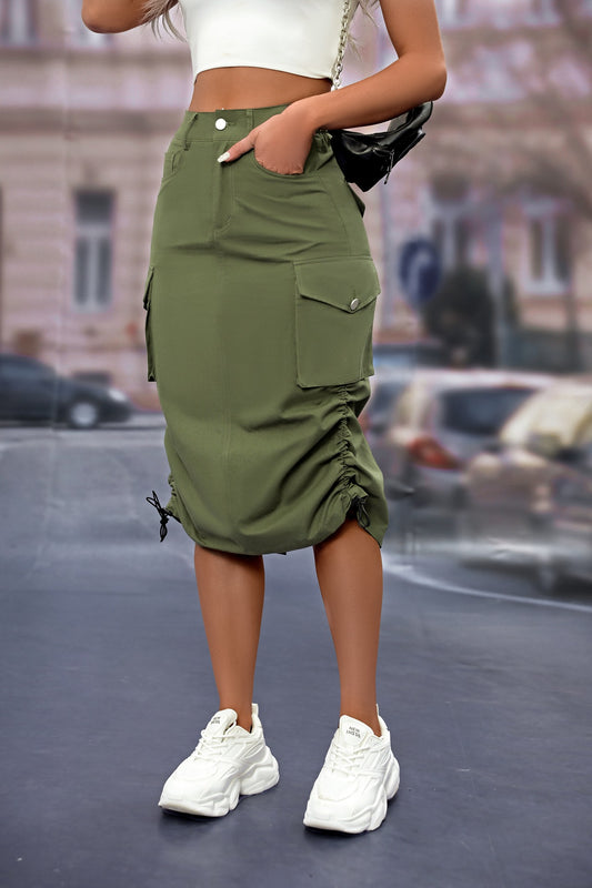 Women's High-Waist Cargo Midi Skirt with Pockets, Drawstring Hem