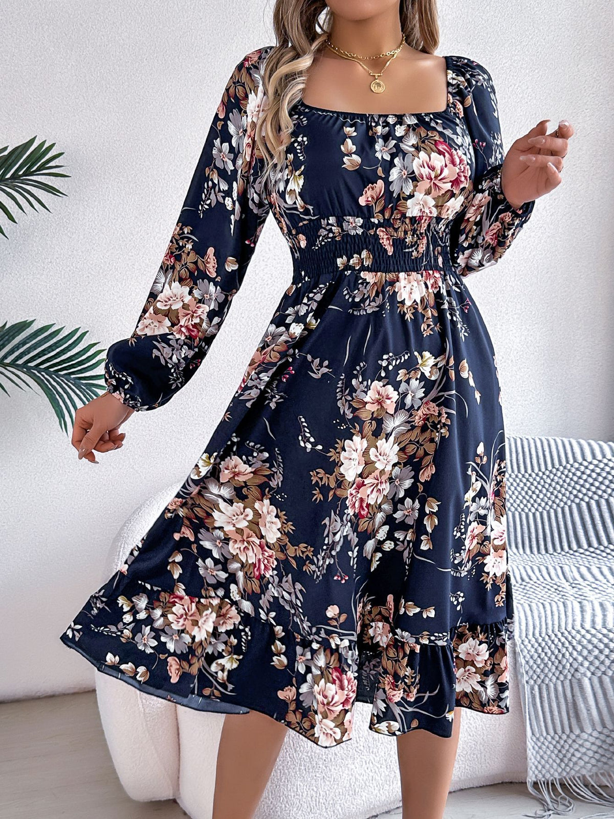 Floral Square Neck Long Sleeve Ruffle Midi Dress