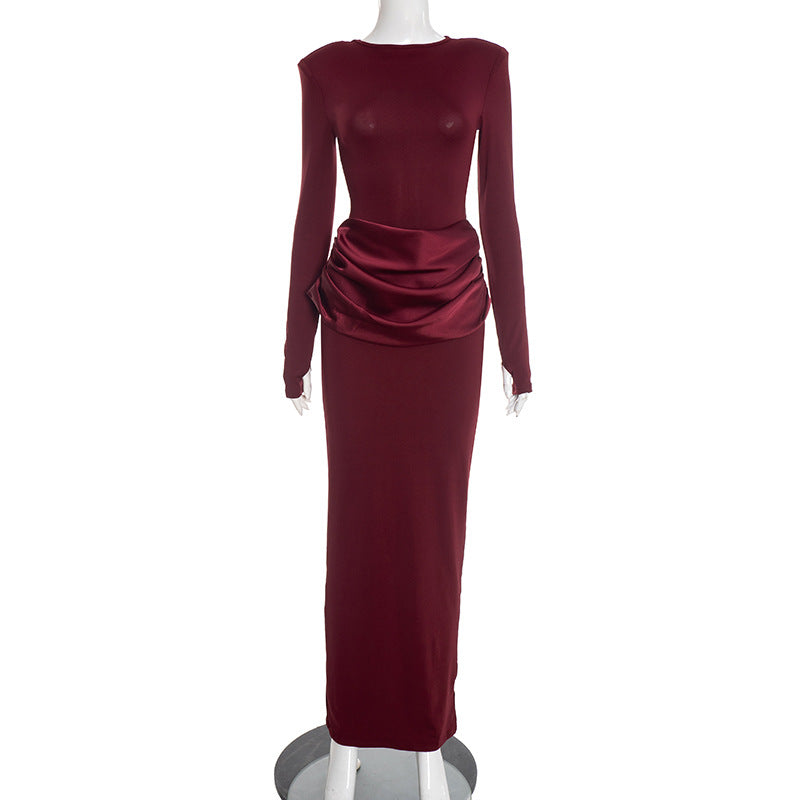 Women's Boat Neck Long Sleeve Ruched Bodycon Maxi Dress