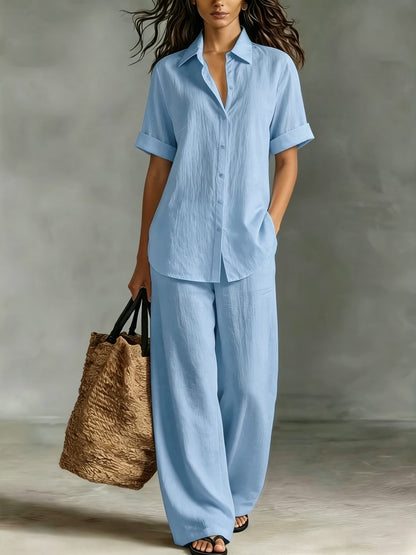 Women's Linen Look Shirt Wide Leg Pants Matching Set
