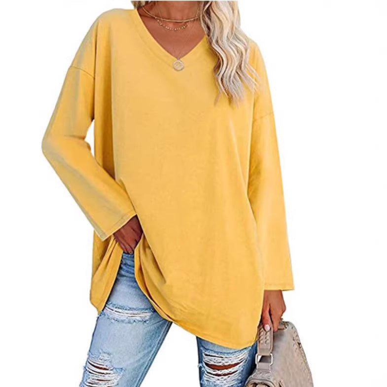 Women's Oversized V-Neck Long Sleeve Loose Fit T-Shirt
