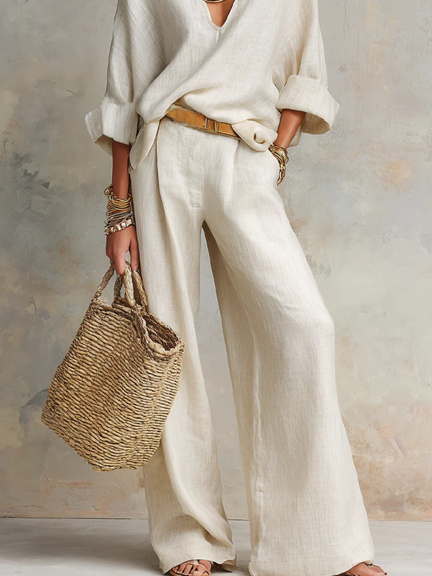 Women's Linen V-Neck Wide Leg Pants Two Piece Set