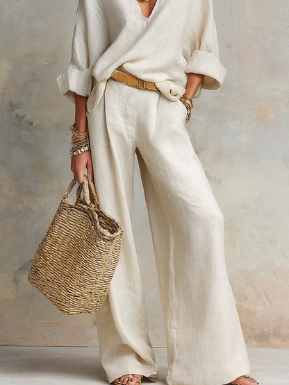 Women's Linen V-Neck Wide Leg Pants Two Piece Set
