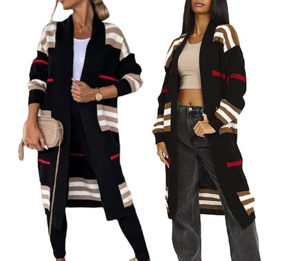 Women's Oversized Striped Long Open Front Cardigan