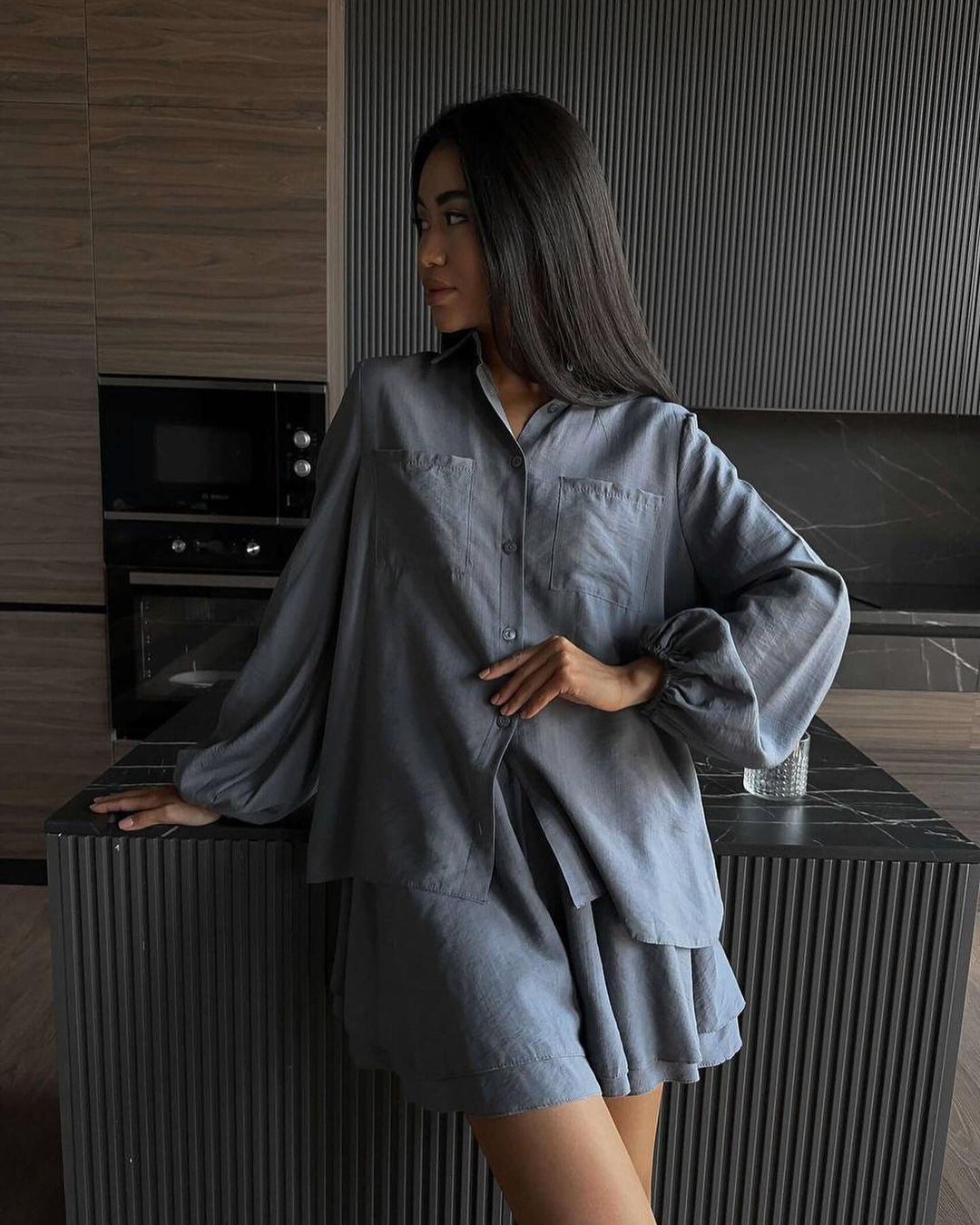 Women's Long Sleeve Top and Ruffle Shorts Matching Set