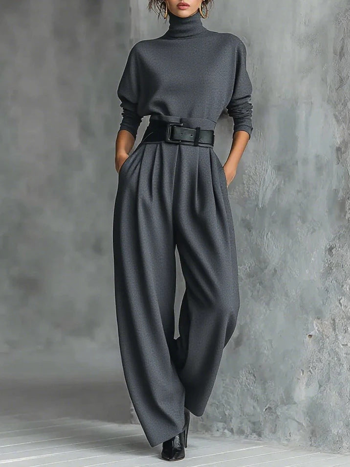 Women's Two Piece Set Turtleneck Wide Leg Pants with Belt