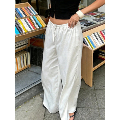 Women Wide Leg Pants Drawstring Elastic Waist Pockets