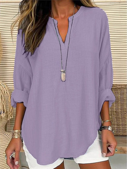 Plus Size V Neck Long Sleeve Cotton Linen Tunic Top