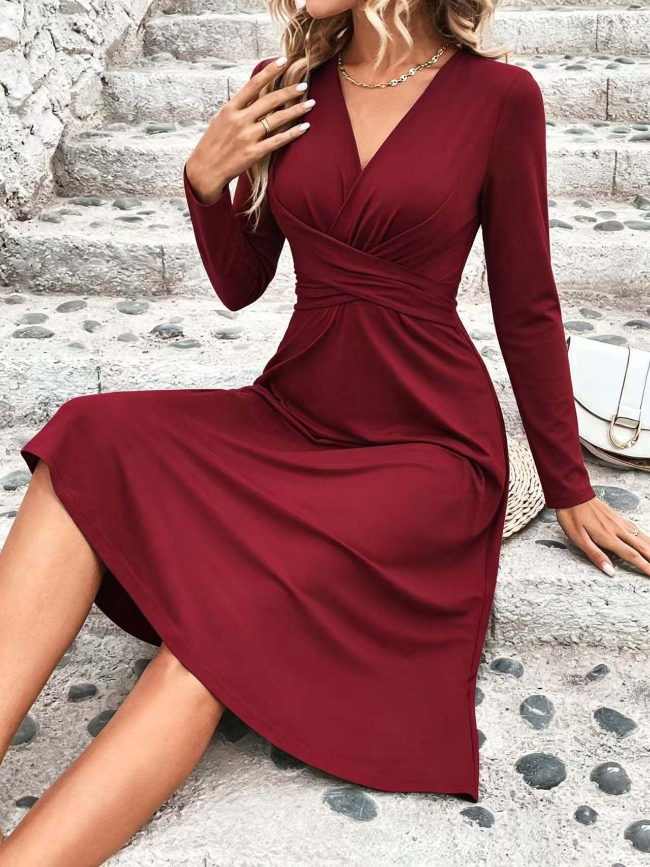 Women's V-Neck Long Sleeve Twist Front A-Line Midi Dress