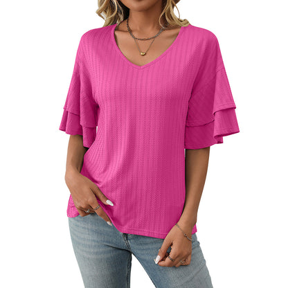 V-Neck Lotus Leaf Sleeve Women’s T-Shirt Top