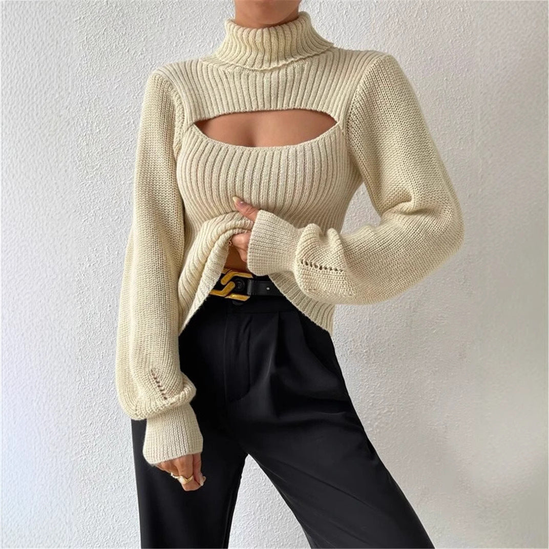 Cutout Turtleneck Ribbed Sweater Long Sleeve Top