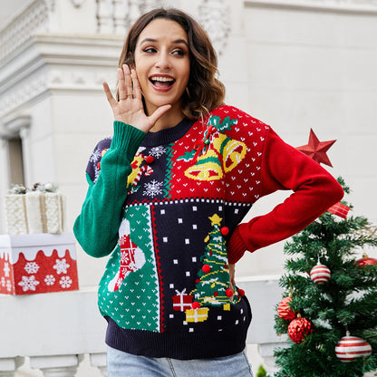 Christmas Patchwork Knit Sweater Women Holiday Pullover
