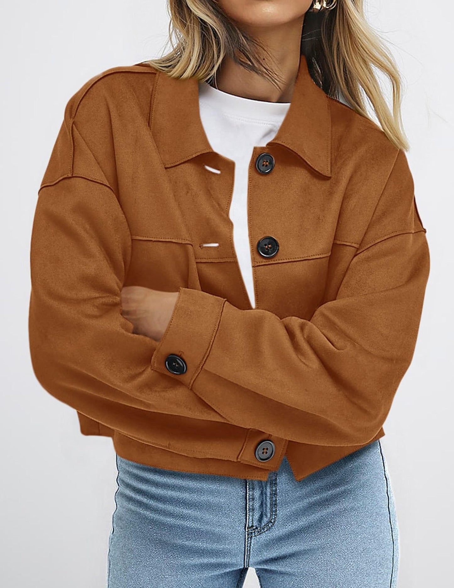 Faux Suede Cropped Button Front Jacket with Pockets