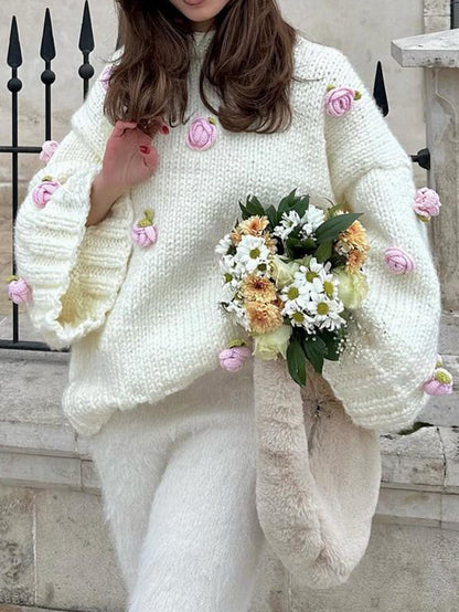 Women's Chunky Knit Oversized Floral Pullover Sweater