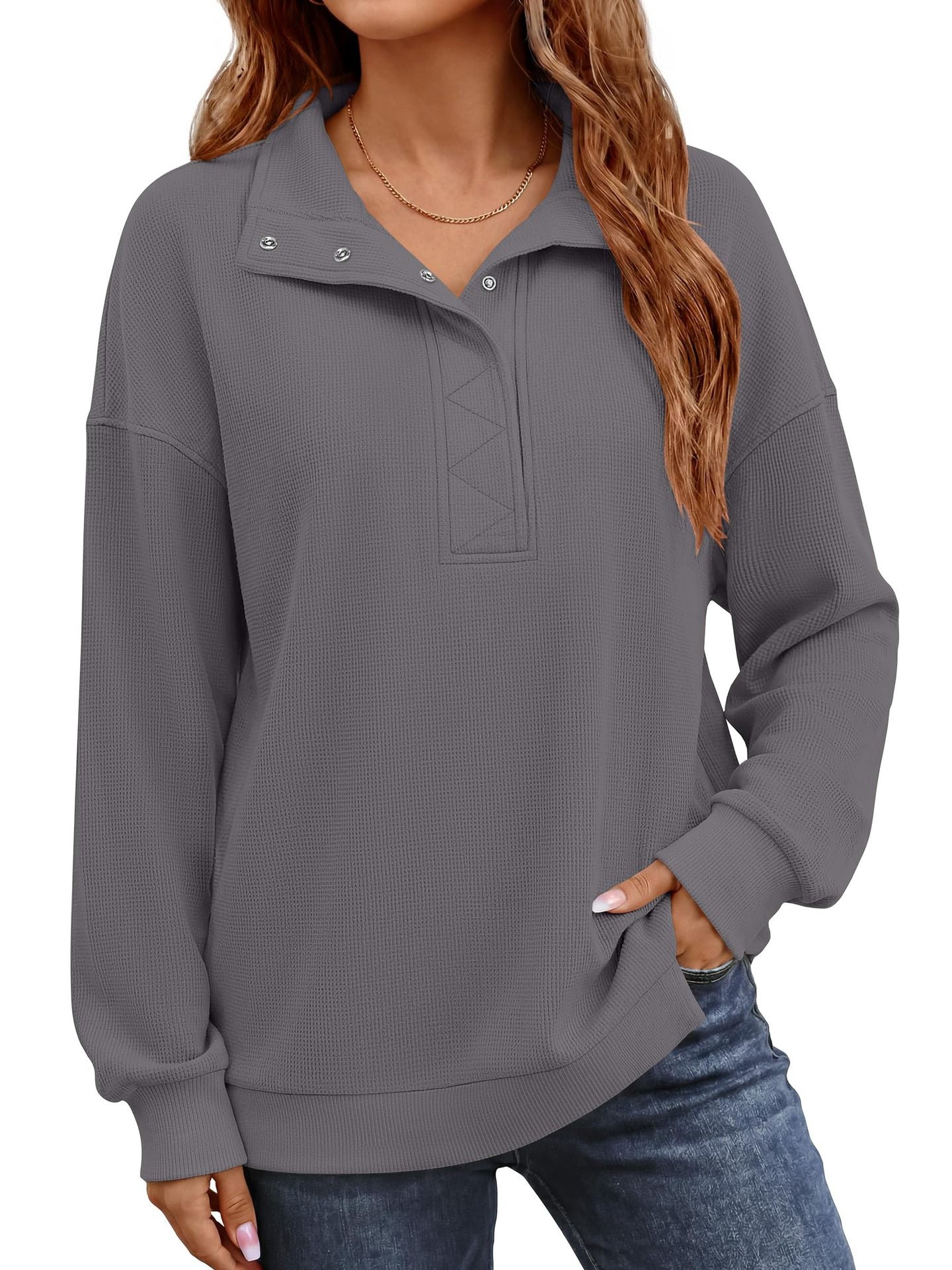 Women's Waffle Knit Oversized Button Pullover Sweatshirt
