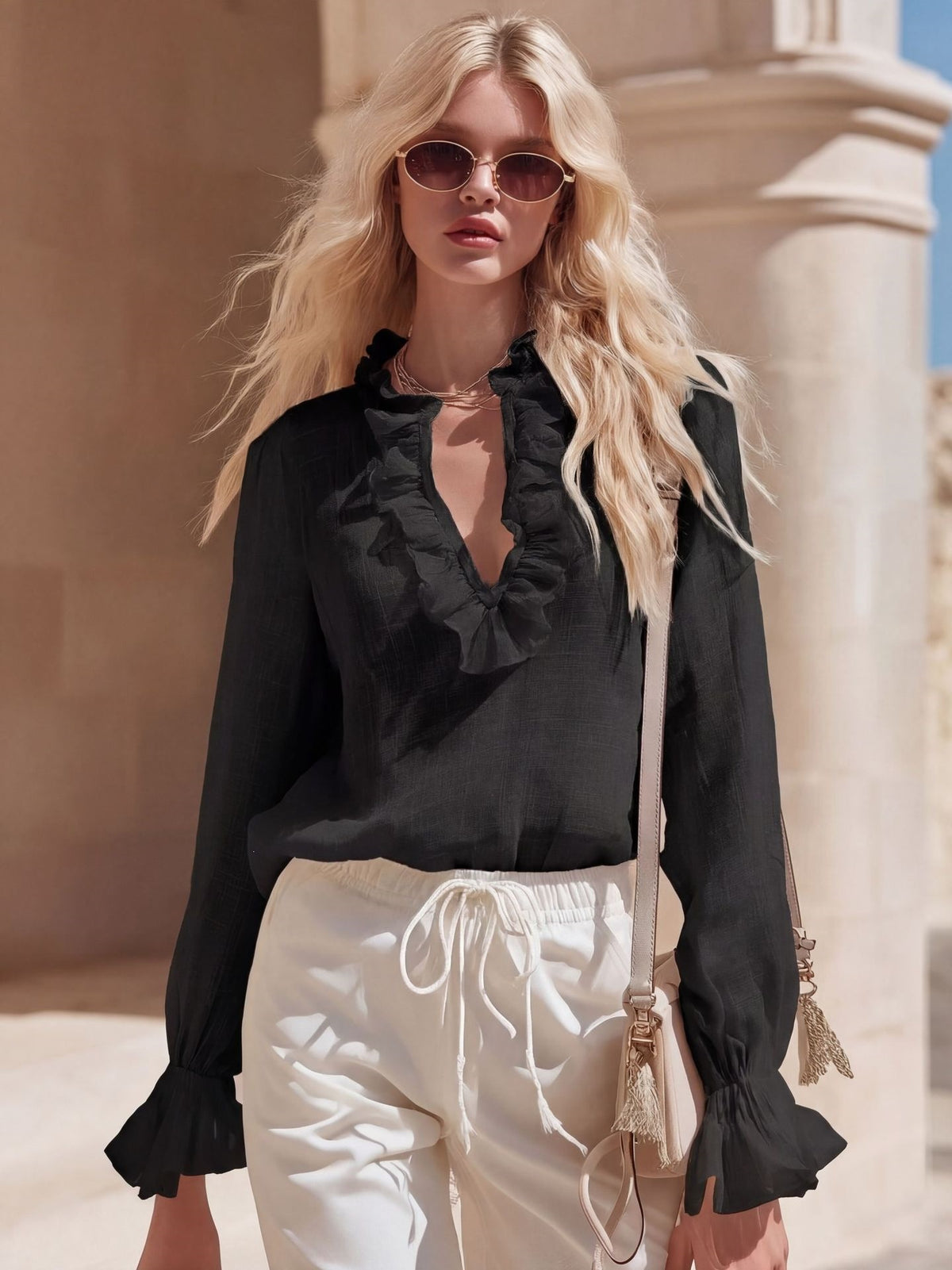 Women's Ruffle V Neck Blouse Bell Sleeve Chiffon Top