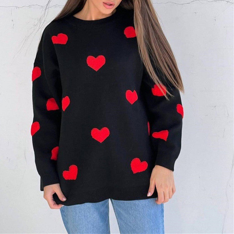 Women's Oversized Heart Embroidered Crewneck Sweater