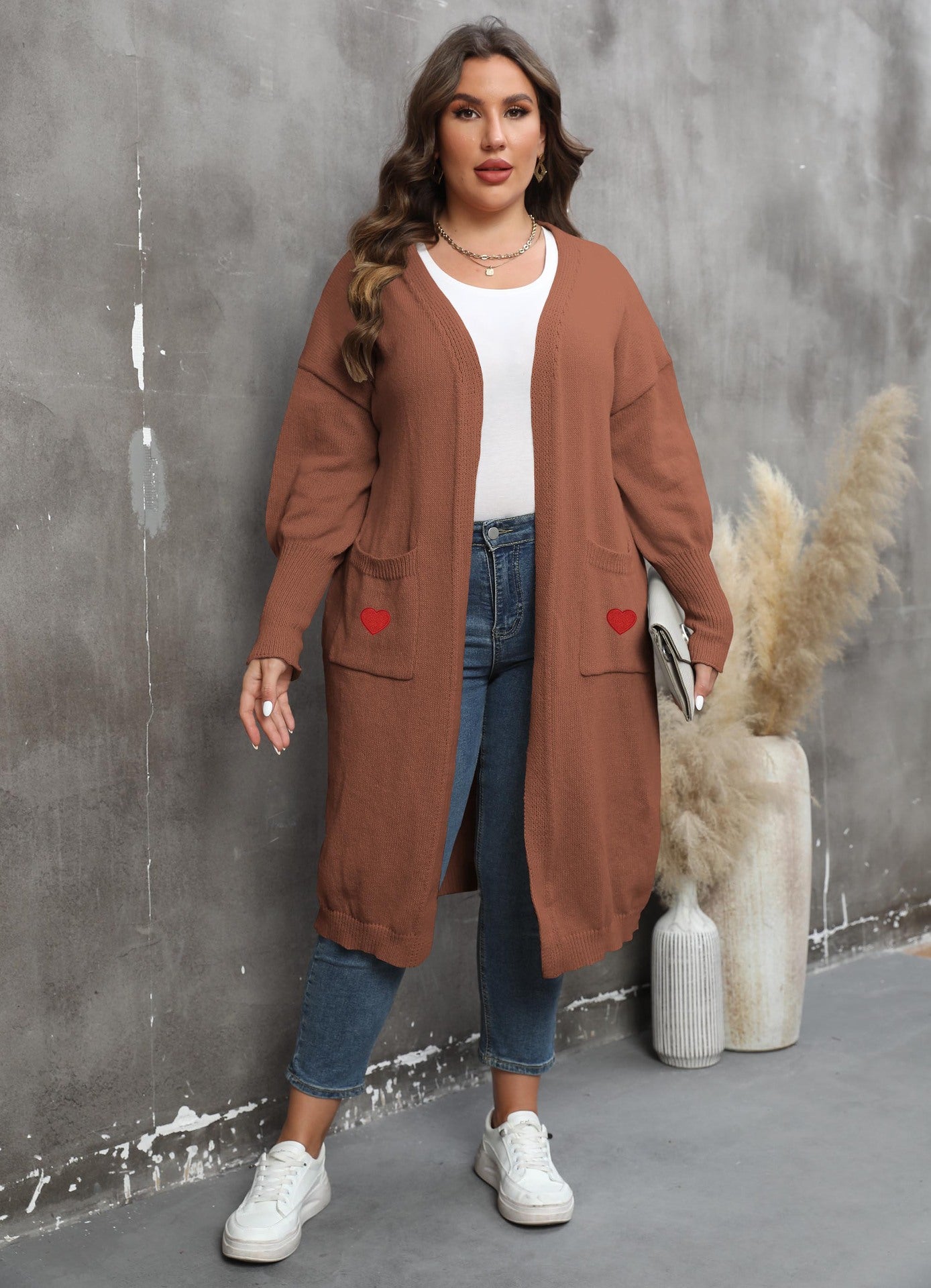 Women's Loose Medium and Long Double Pocket Lantern Sleeve Sweater Cardigan Jacket
