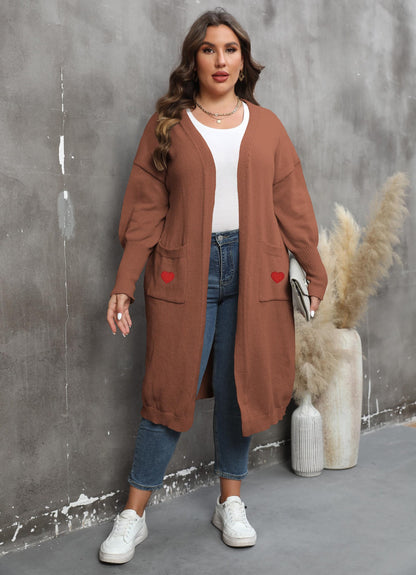 Women's Loose Medium and Long Double Pocket Lantern Sleeve Sweater Cardigan Jacket