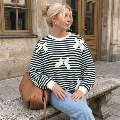 Striped Bow Sweatshirt Crew Neck Oversized Pullover