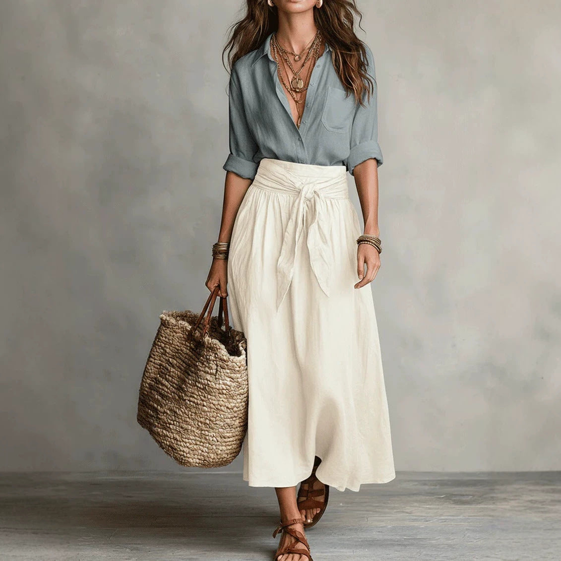 Women's Color Block Shirt & Skirt Two Piece Set