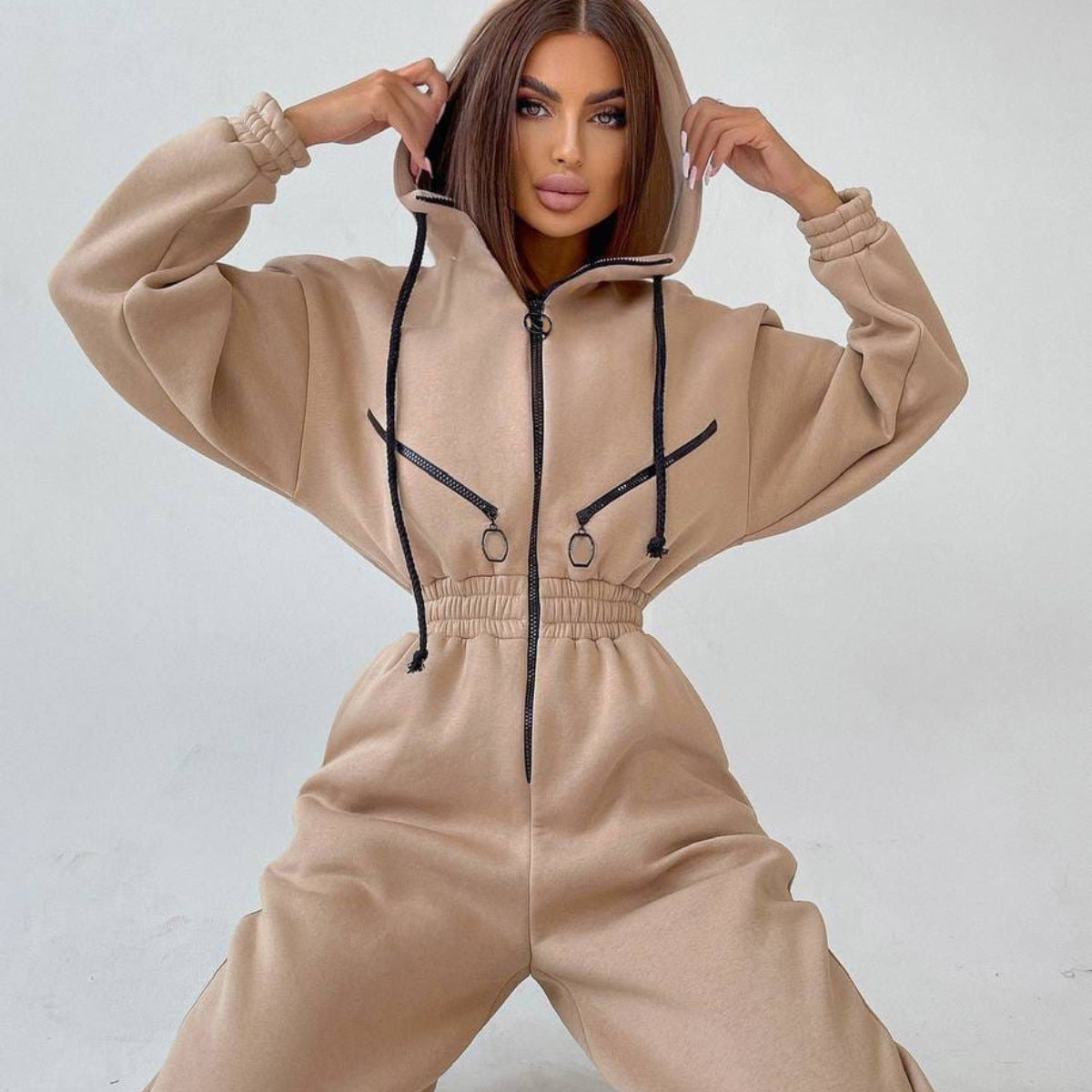 Women's Oversized Zip-Up Hooded Fleece Jumpsuit