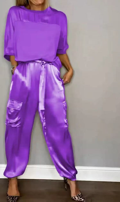 Women's Satin 2 Piece Set Half Sleeve Top Cargo Pants